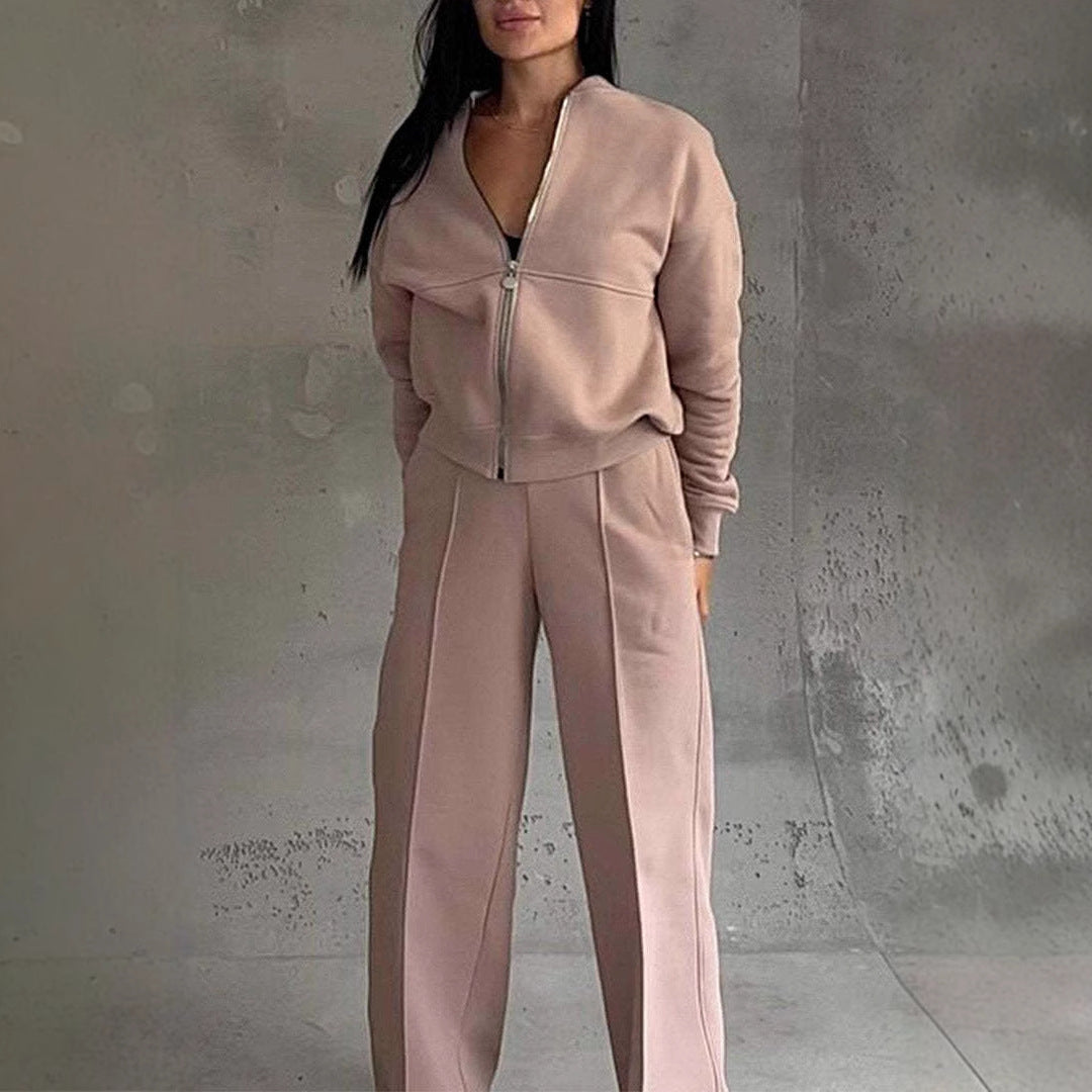 Autumn Casual Zipper Jacket &amp; Wide-Leg Pants Set