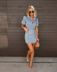 Puff Sleeve Belted Denim Mini Dress