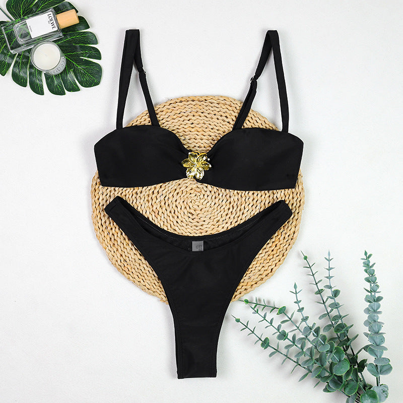 Black Metal Accent Bikini Three-Piece Set