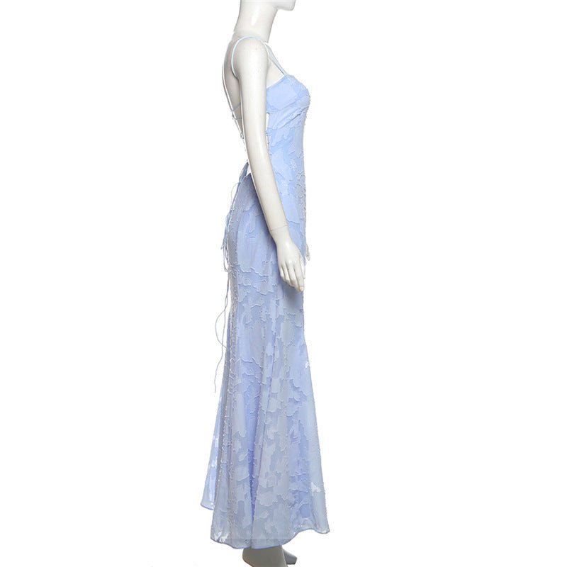 Boat Neck Backless Lace-Up Slim Strap Dress