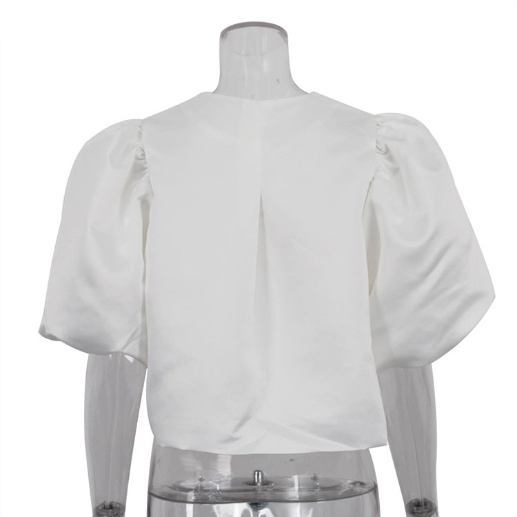 Satin Puff Sleeve Loose White Top