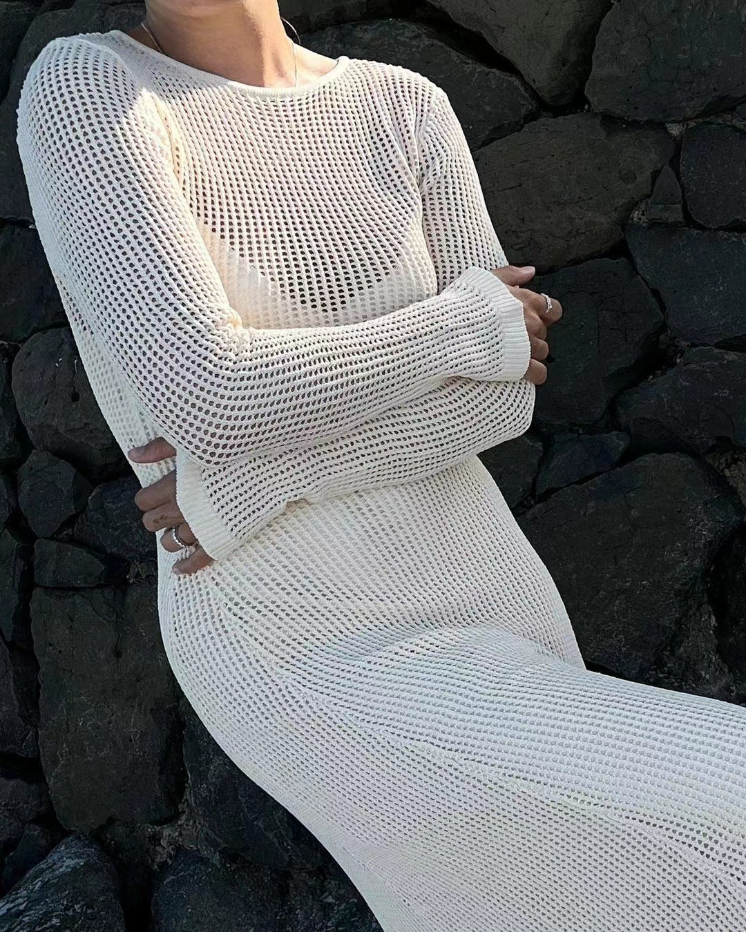 Mesh Cutout Knit Maxi Beach Dress
