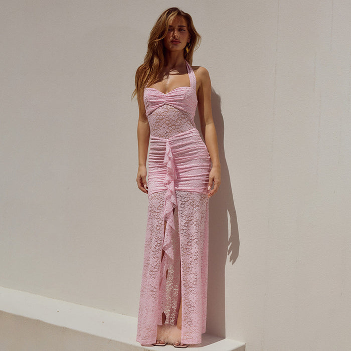 Summer Elegant Halter Lace Maxi Dress Sexy Sleeveless Backless Slim Fit Dress Women