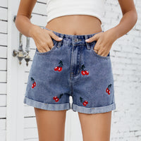 Women Clothing Washed Cherry Embroidery Denim Shorts Pants