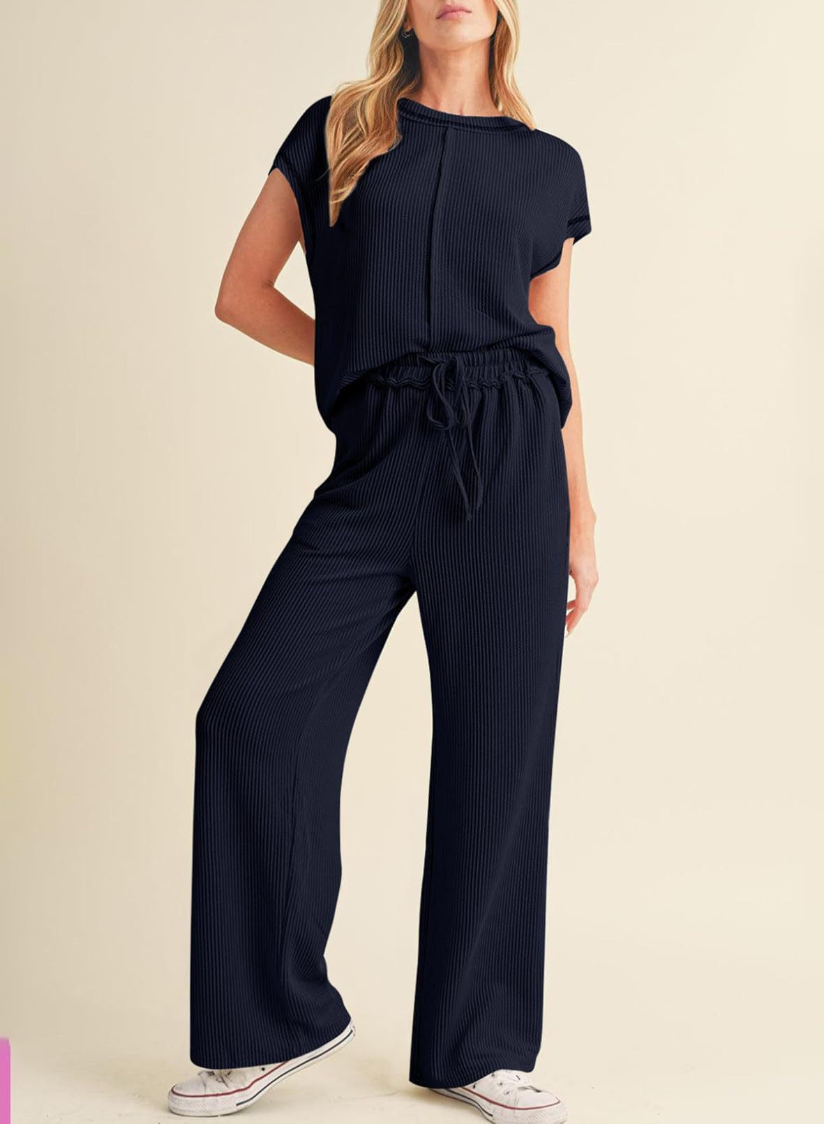 3/4 Sleeve Shirt &amp; Wide-Leg Pants Two-Piece Set