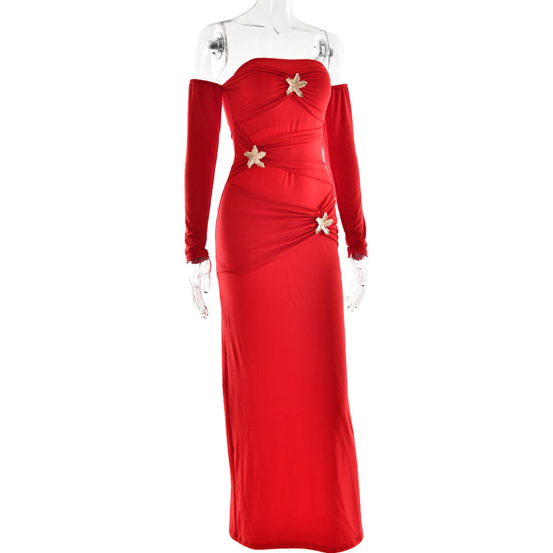 Pleated Long Sleeve Slim Fit Dress