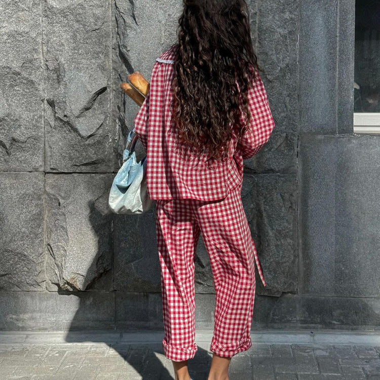 Plaid Lace-Up Top & Wide-Leg Pants Pajamas Set