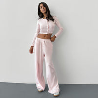Casual Knitted Button-Up Long Sleeve Pajama Set