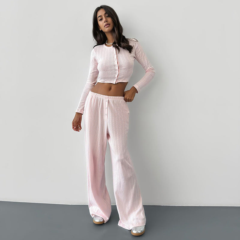 Casual Knitted Button-Up Long Sleeve Pajama Set