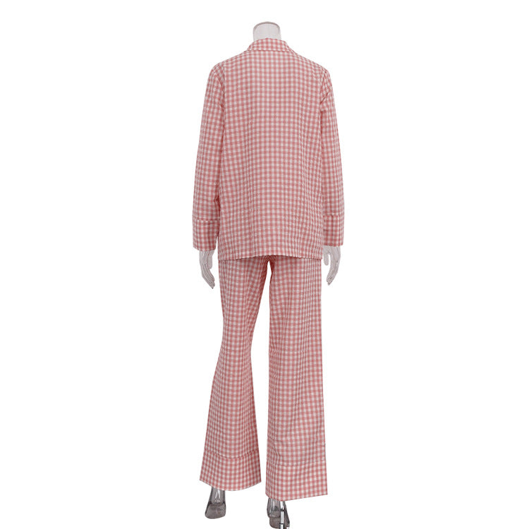Comfort Casual Pattern Women Collared Long Sleeve Shirt Loose Wide Leg Pants Two Piece Sets