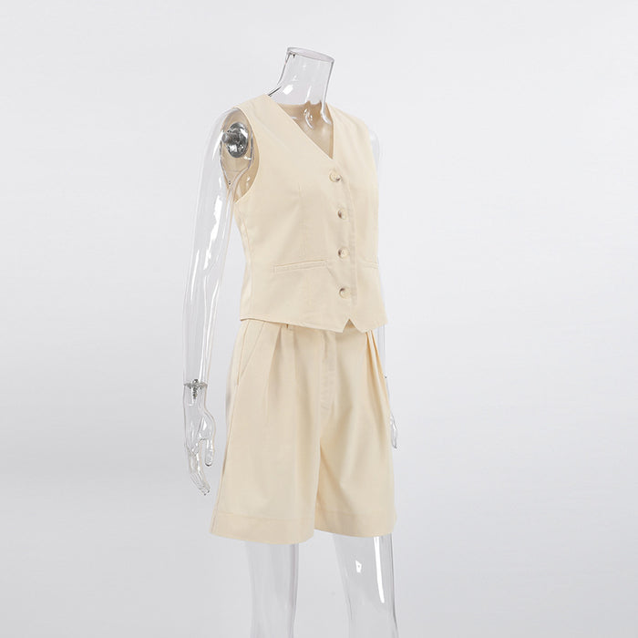 Beige Cotton-Linen Vest &amp; Trousers Set
