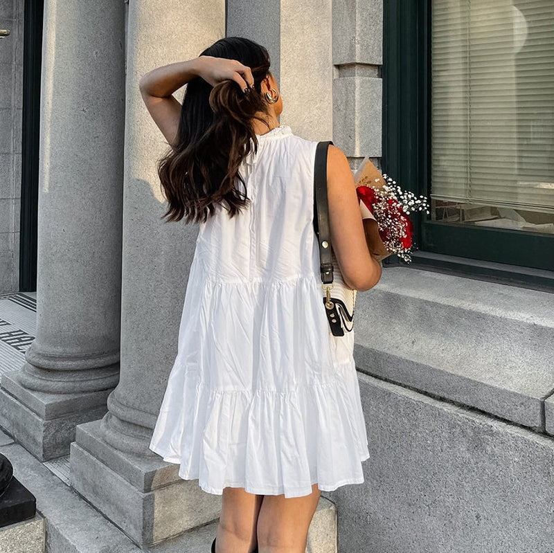 White Bow Lace-Up Elegant Loose Short Dress