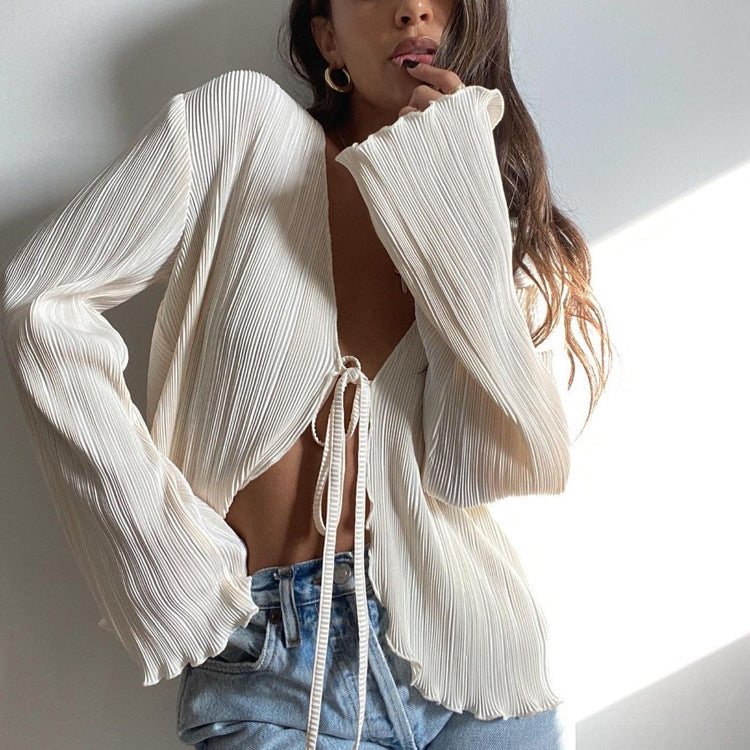 Lace-up Flared Sleeve Pleated Shirt
