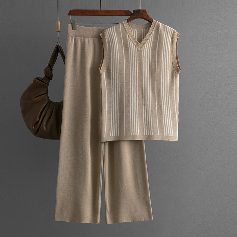 Striped V-Neck Knit Top and Pants Set