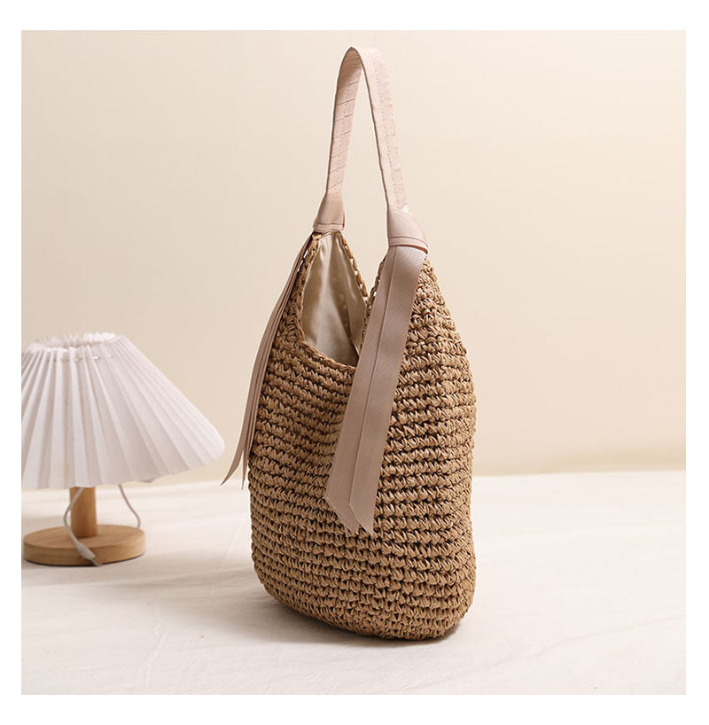 Ribbon Shoulder Straw Bag Large Capacity Solid Color Woven Bag Seaside Vacation Beach Bag Straw Bag