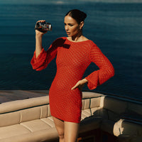 Spring Summer Beach Dress Women Solid Color Sexy Knitted Beach Bikini Swimsuit Blouse Sun Protective Clothing