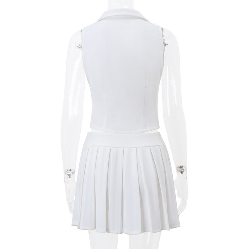 V-Neck Vest and Pleated Skirt Set