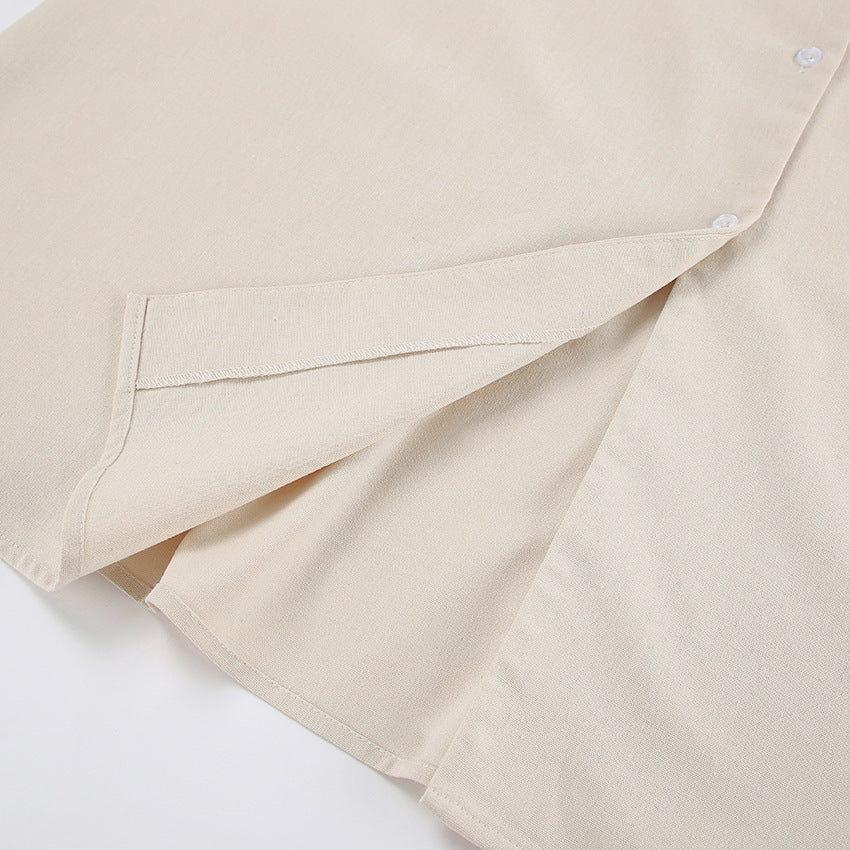 French Beige Cotton Linen Puff Sleeve Dress
