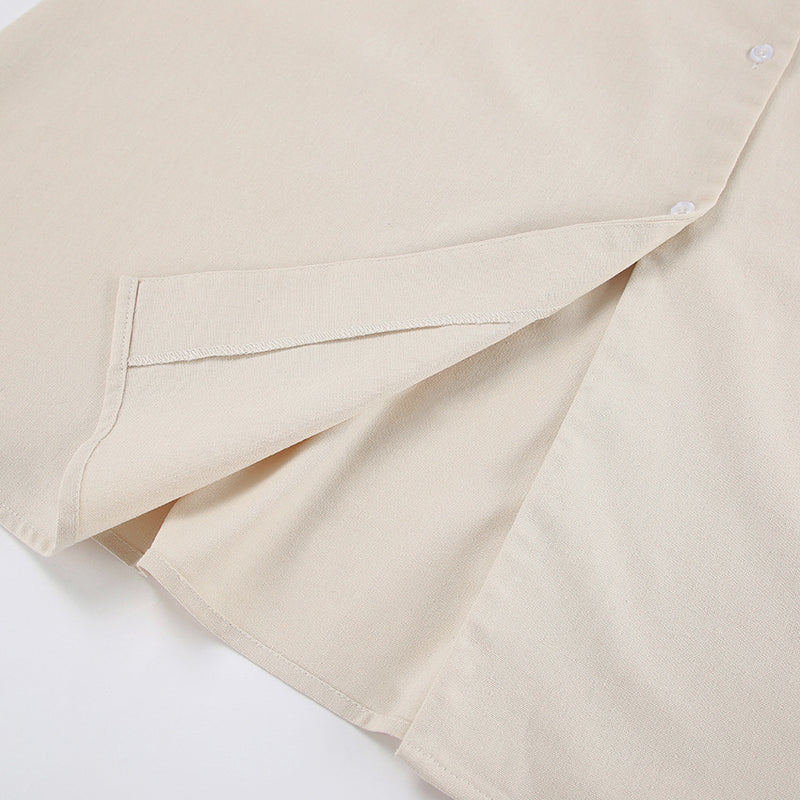 French Beige Cotton Linen Puff Sleeve Dress