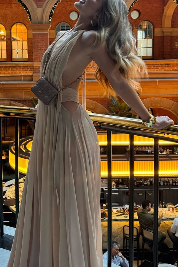 Summer Deep V Plunge neck Long Evening Dress Pleated Halter Backless Dress Women