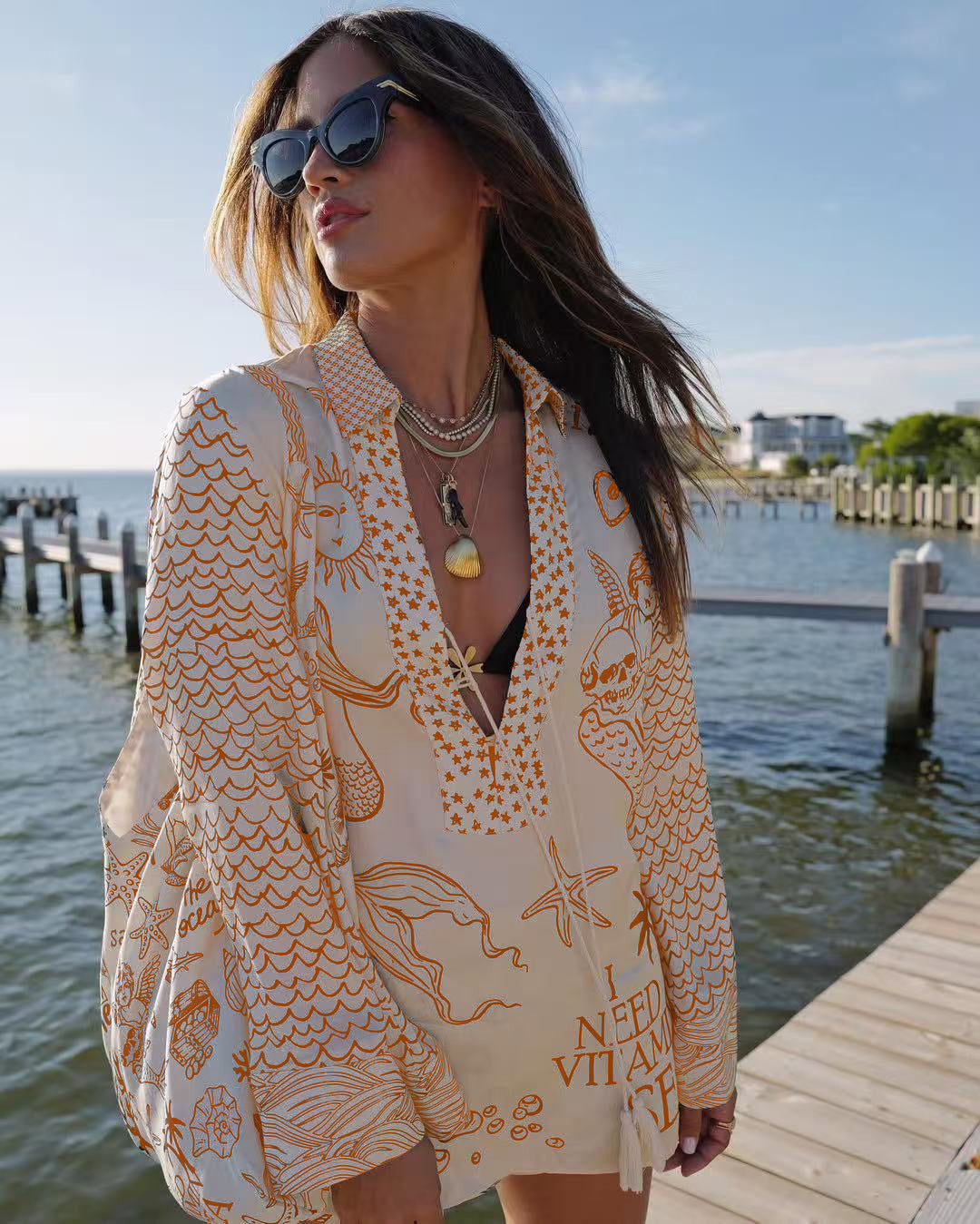 Printed Satin Shirt &amp; Pants Two-Piece Set