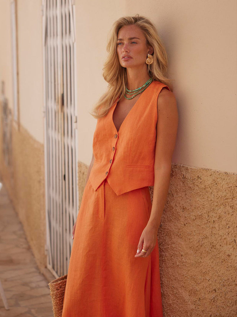 Cotton-Linen Vest &amp; Skirt Two-Piece Set