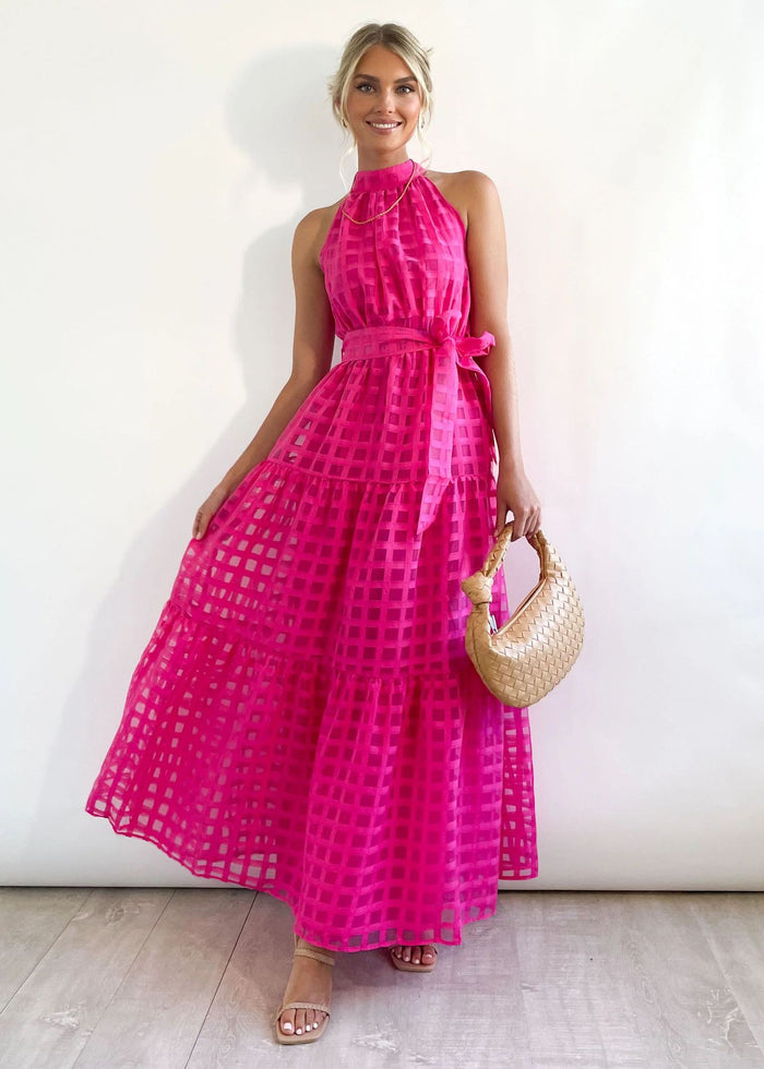 Plaid Retro Maxi Dress with Stand Collar for Women