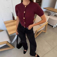 Twist Front Ribbed Knit Slim Top