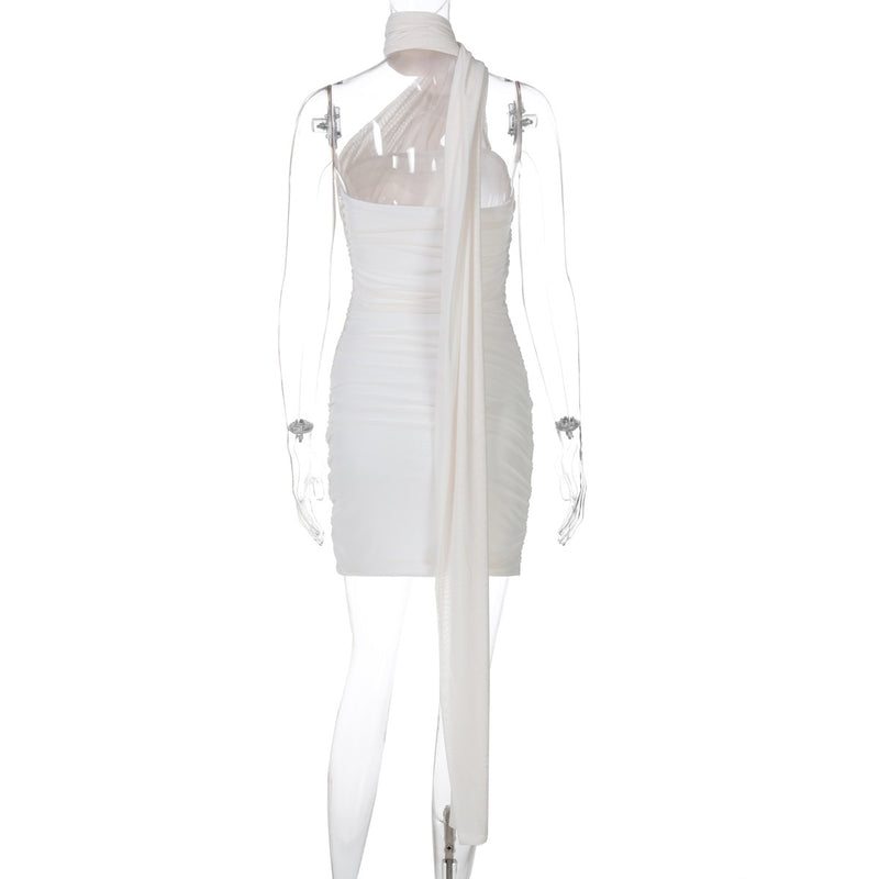 Mesh Stitching Ribbon Halter Hip Dress
