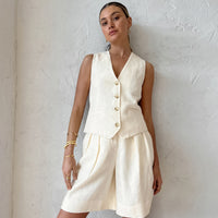 Beige Cotton-Linen Vest &amp; Trousers Set