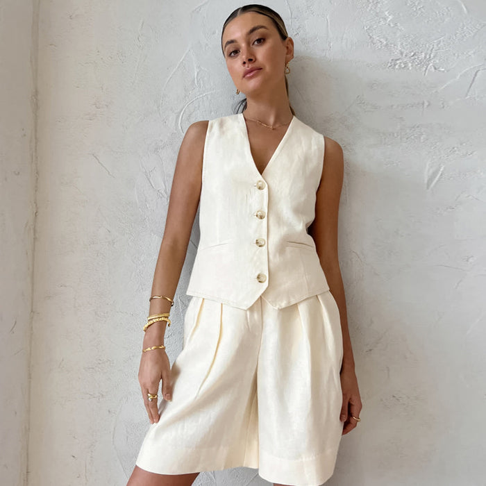 Beige Cotton-Linen Vest &amp; Trousers Set