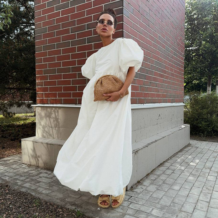 Cotton Puff Sleeve Long Dress