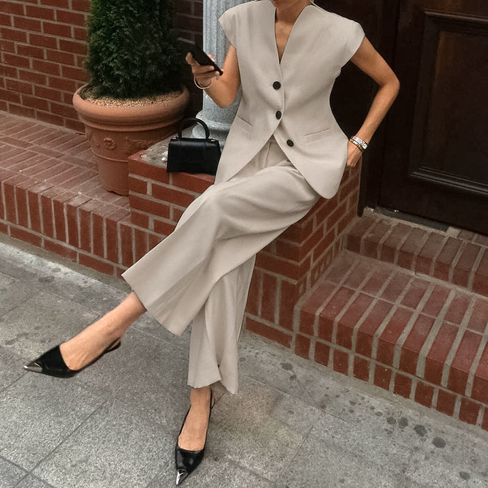 Khaki Retro V-Neck Outfit sets