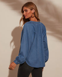 Casual Loose V-Neck Washed Denim Long-Sleeved Top