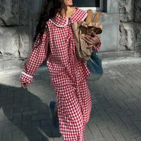 Plaid Lace-Up Top & Wide-Leg Pants Pajamas Set