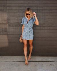 Puff Sleeve Belted Denim Mini Dress