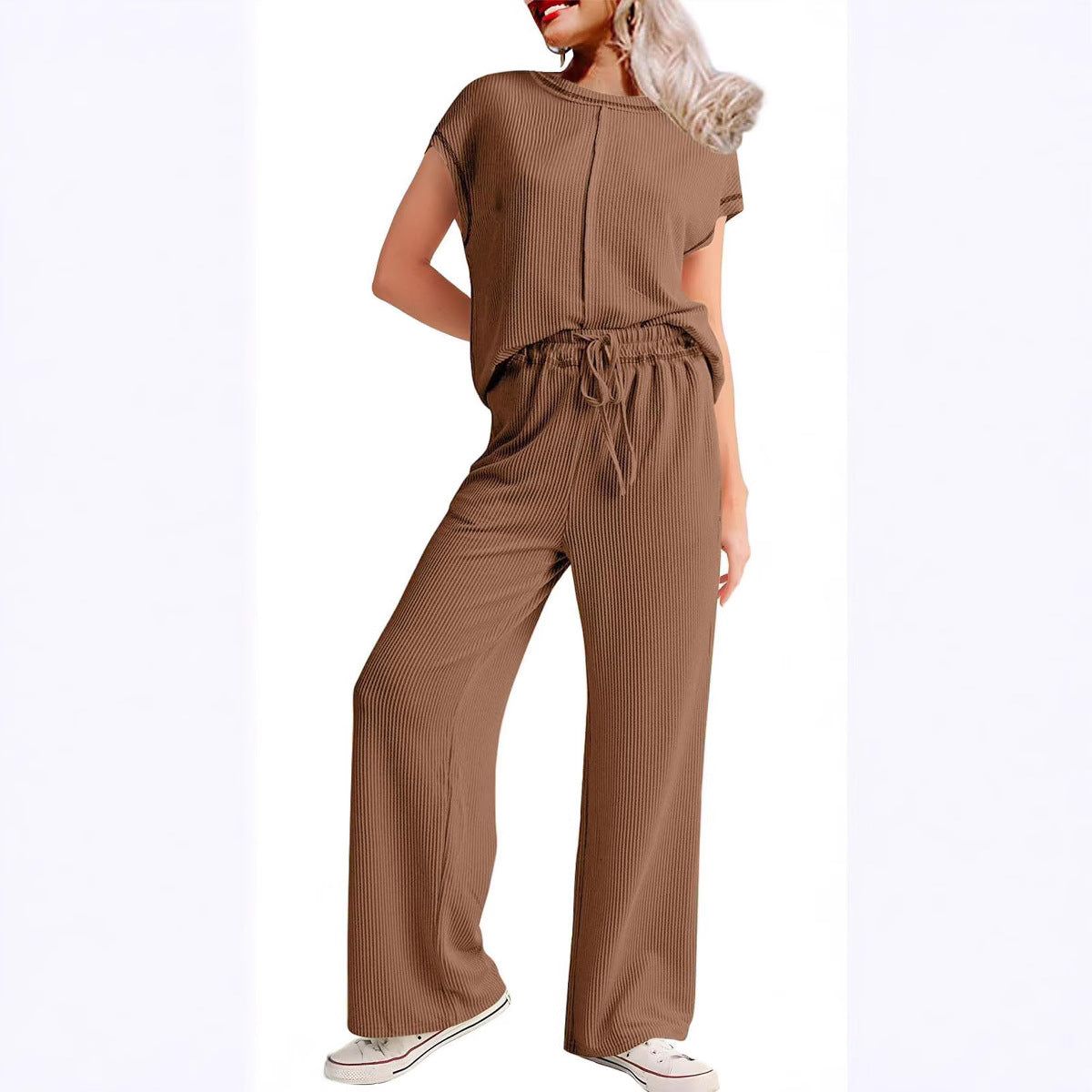 3/4 Sleeve Shirt &amp; Wide-Leg Pants Two-Piece Set