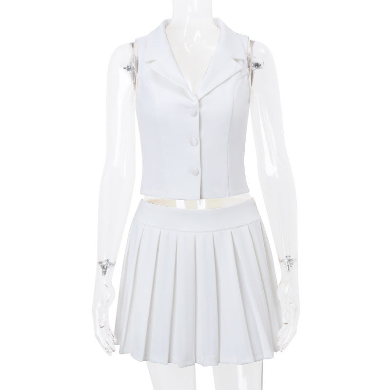 V-Neck Vest and Pleated Skirt Set