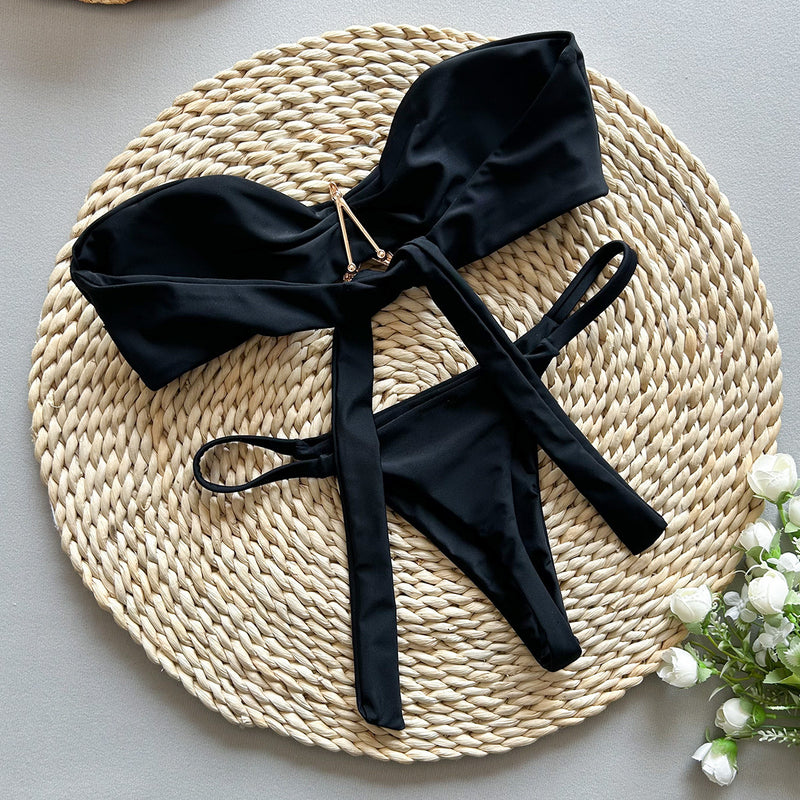 Solid Color Tube Top Bikini Set