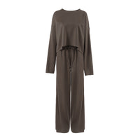 Autumn Winter Retro Sense Brown Knitted Loose round Neck Long Sleeve Not Brushed Hoody Lace up Trousers Women