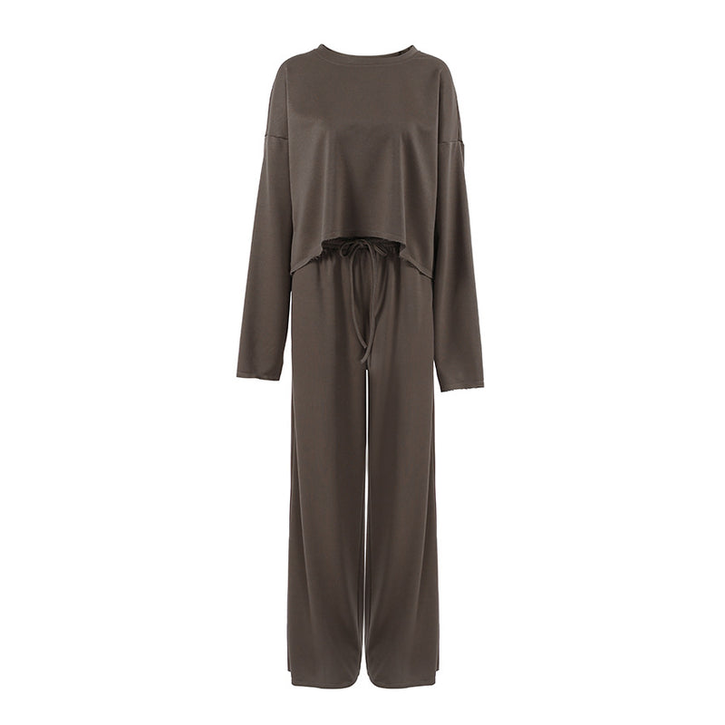 Autumn Winter Retro Sense Brown Knitted Loose round Neck Long Sleeve Not Brushed Hoody Lace up Trousers Women