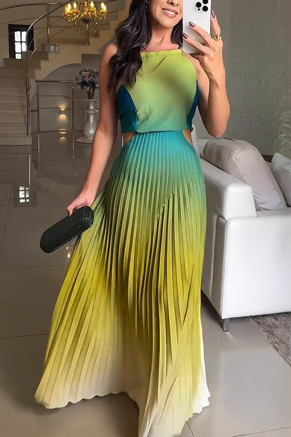 Gradient Pleated Backless Maxi Dress