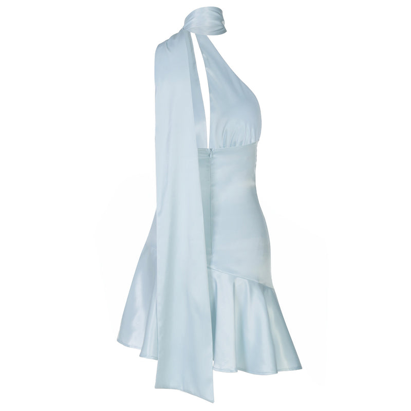 Women Clothing Spring Summer Chest Hollow Out Cutout Sexy Bare Back Halter Ribbon Satin Dress