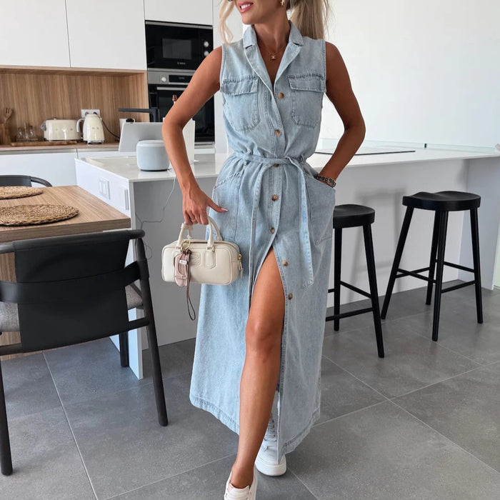 Sleeveless Denim Tie Waist Long Dress