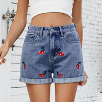 Women Clothing Washed Cherry Embroidery Denim Shorts Pants