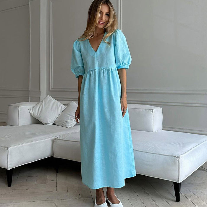French Lightly Mature V-Neck Puff Sleeve Dress