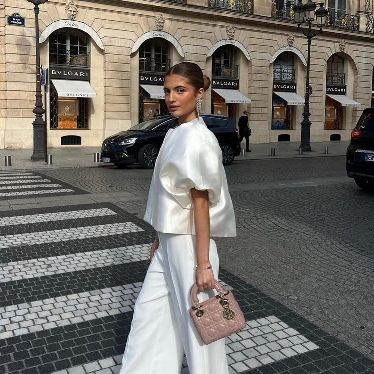 Satin Puff Sleeve Loose White Top