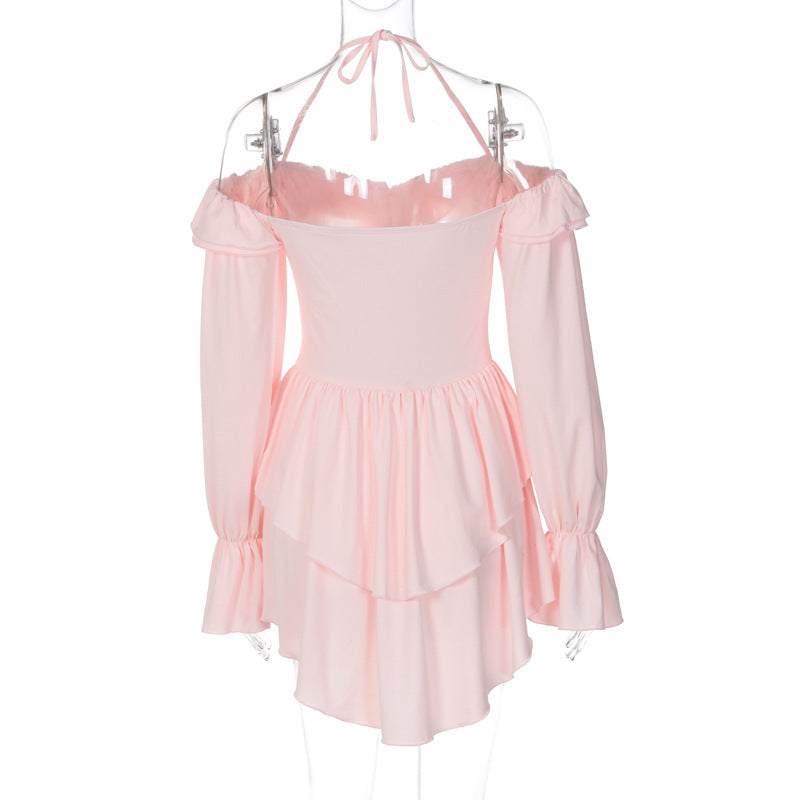 Backless Ruffled Halter Long Sleeve Romper