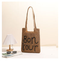 Letter Graphic Embroidered One-Shoulder Straw Bag