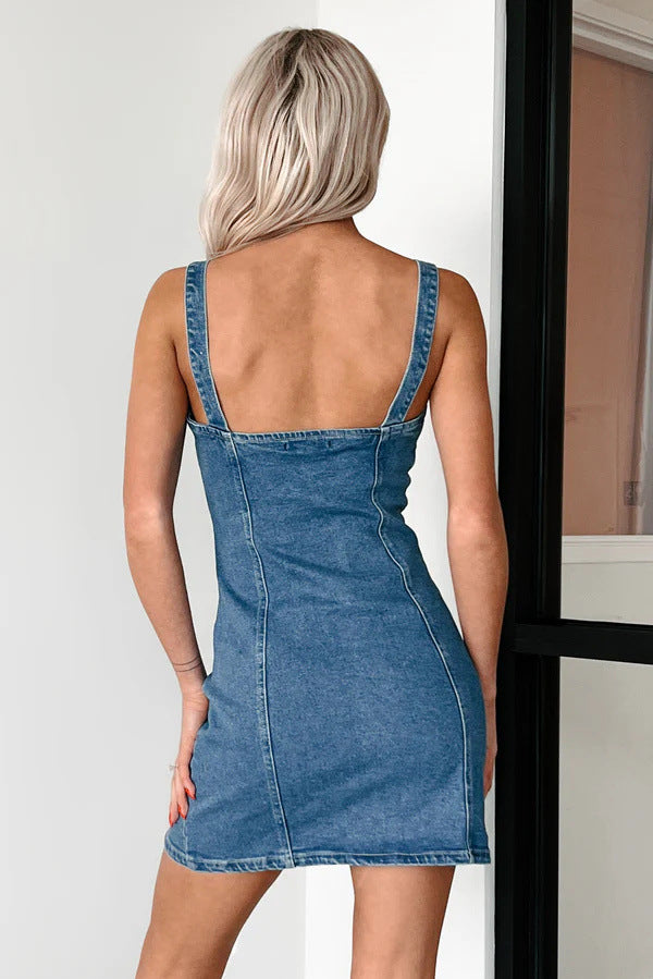 Summer Sweet Spicy Cardigan Strap Retro Denim Dress